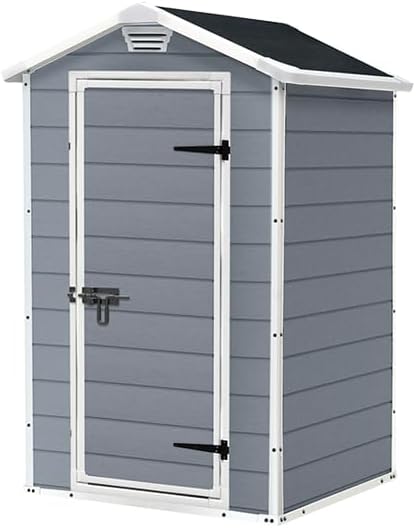Keter Manor 4x3 Gartenhaus wetterfest, Kunststoff, Outdoor, Außenmaße: 128 x 94 x 196cm, Innenmaße: 111 x 88 x 193 cm, auch für kleine Gärten geeignet, grau