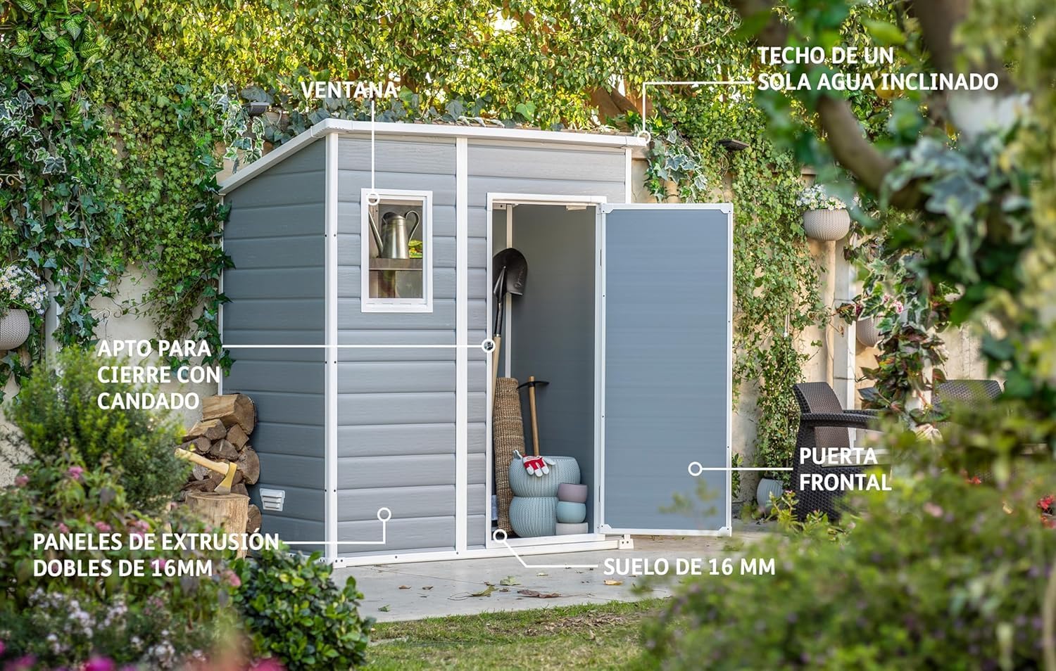 Keter Manor Pent 6x4 Gartenhaus wetterfest, Kunststoff, Outdoor, Außenmaße: BxTxH:183.5 x 111 x 200.5 cm, Innenmaße: 168.5 x 97 x 154 cm, grau