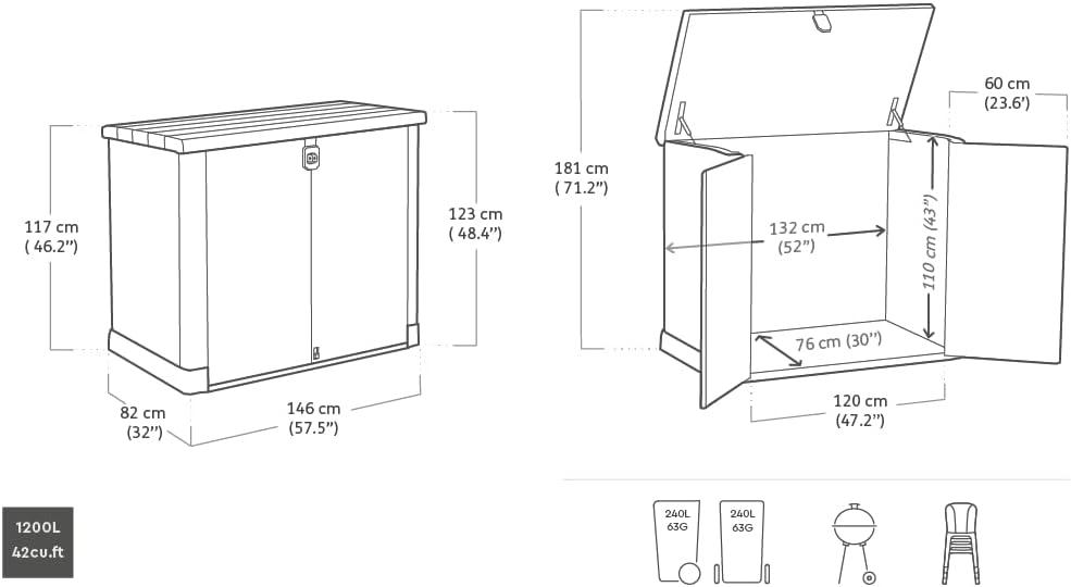 Keter Store it Out Pro Mülltonnenbox mit Gasdruckfeder, wetterfest, abschließbar, beige, 1.200 L, 145,5 x 82 x 123cm, passend für 2x240l Abfalltonnen