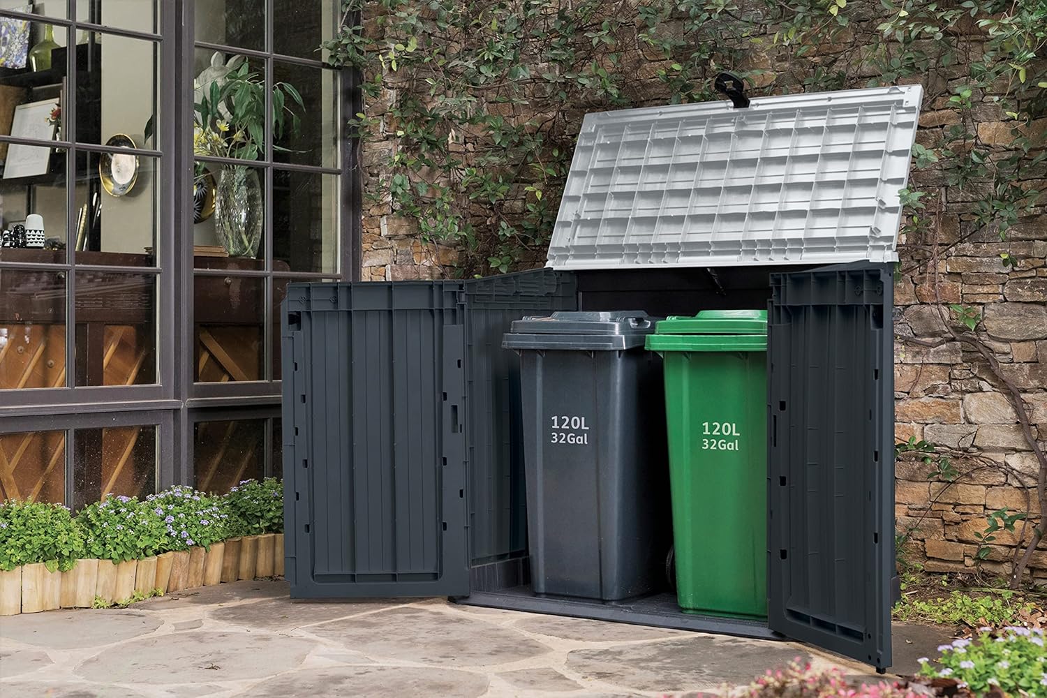 Keter Store-it-Out Midi Mülltonnenbox, 130x74x110cm, Robuste Abfallbehälter-Lösung, 845L, Wetterfest, Grau/Schwarz, UV-beständiges Polypropylen, Abschließbar