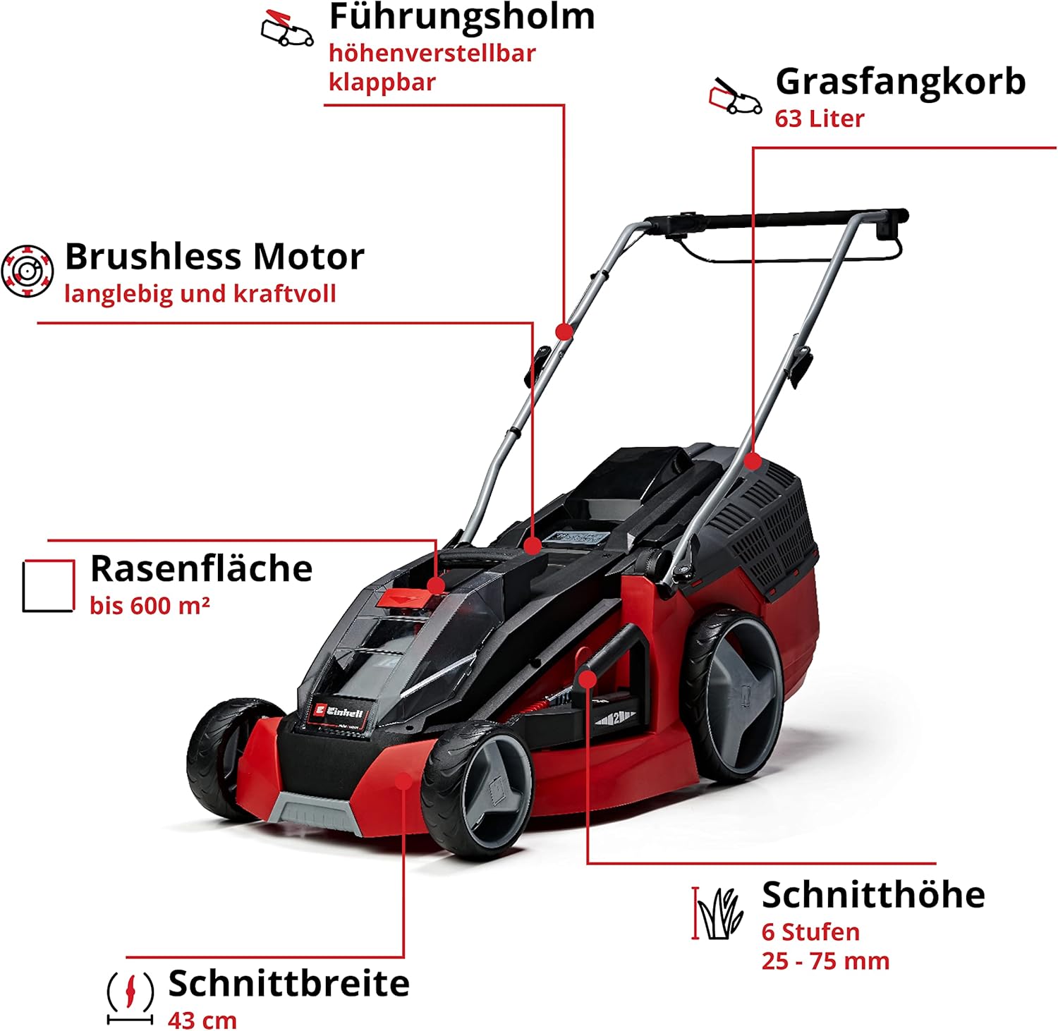 Einhell Akku-Rasenmäher GE-CM 43 Li M Kit Power X-Change (36V, 43 cm Schnittbreite, bis 600 m², Brushless, Mulch-Kit, 63L Fangkorb, 25-75 mm Schnitthöhe, inkl. 2x 4,0Ah + 2x Ladegerät)