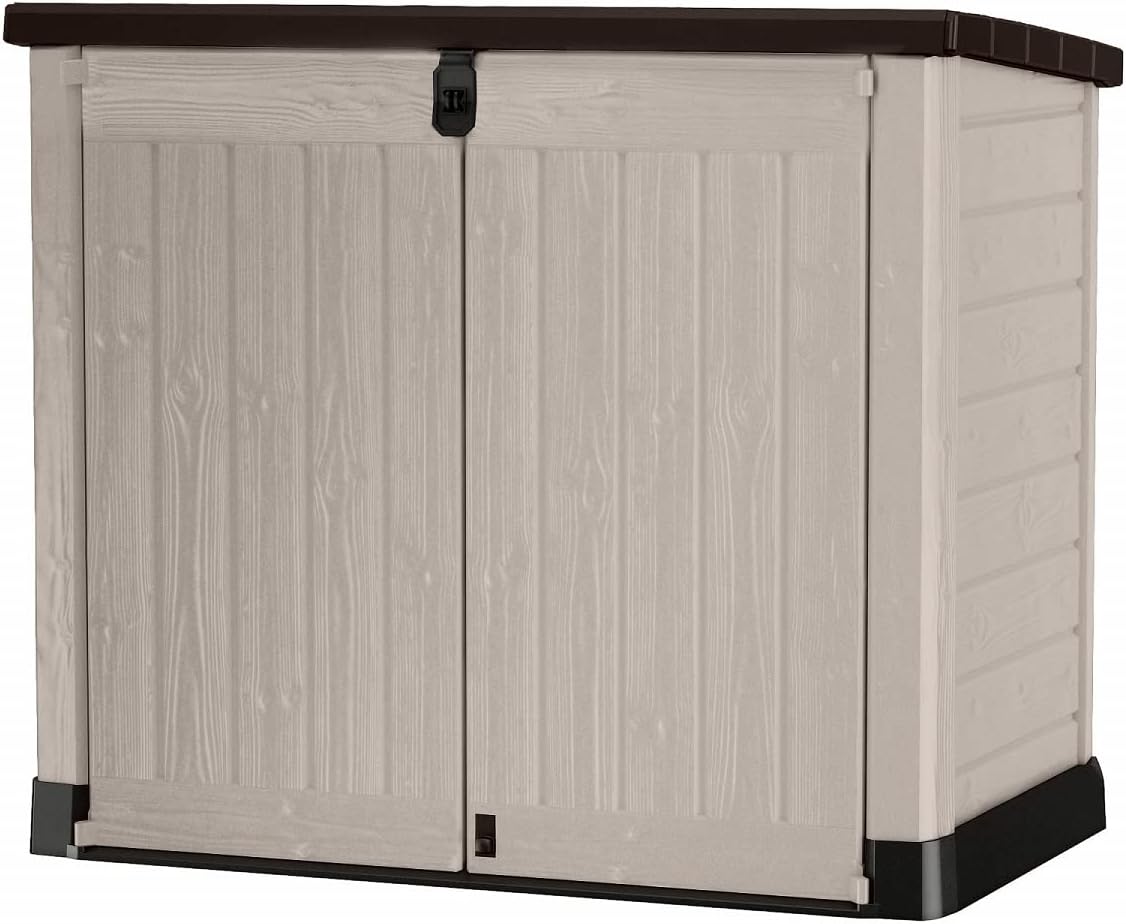 Keter Store it Out Pro Mülltonnenbox mit Gasdruckfeder, wetterfest, abschließbar, beige, 1.200 L, 145,5 x 82 x 123cm, passend für 2x240l Abfalltonnen
