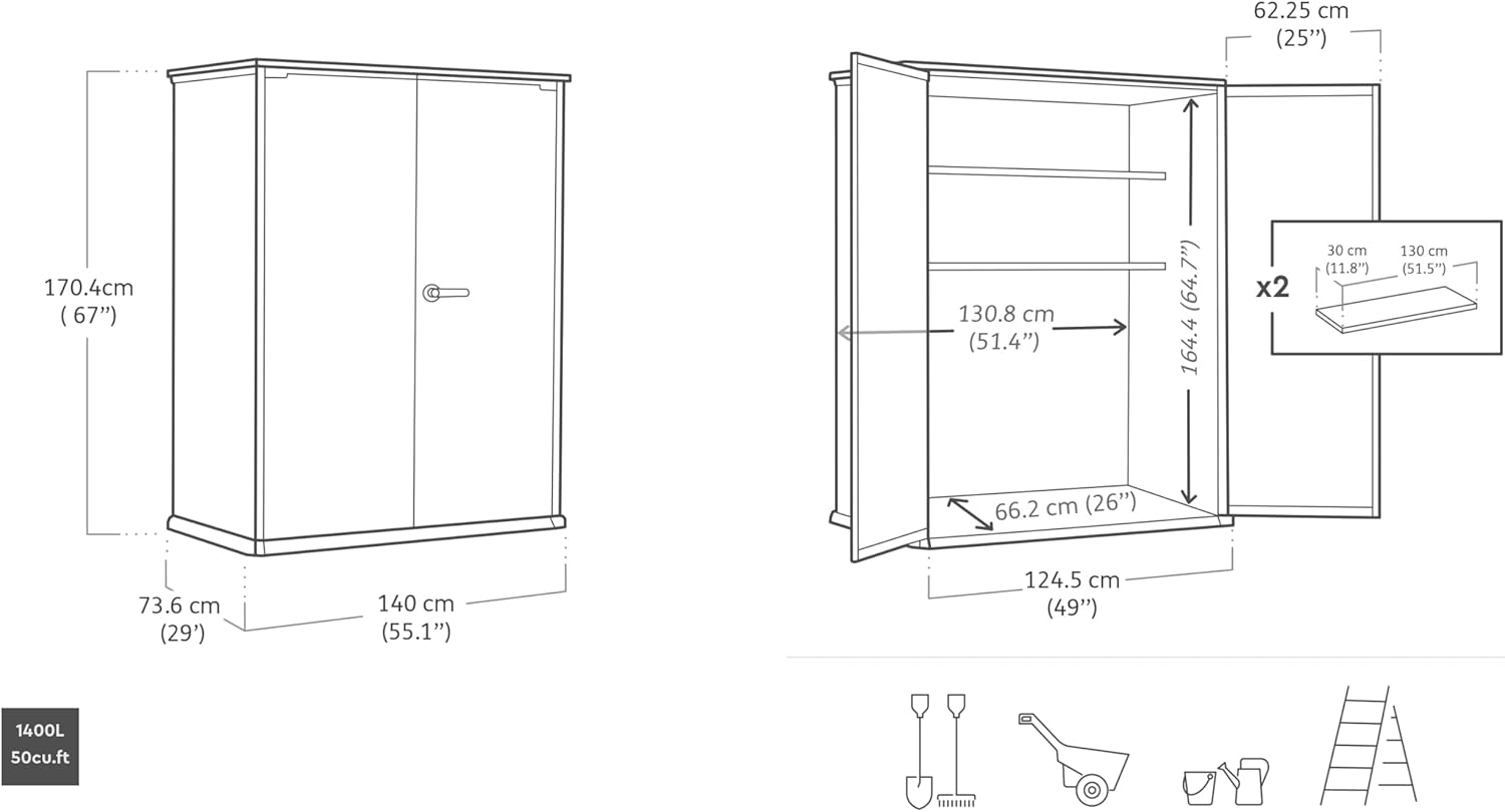 Keter High Store Plus Aufbewahrungsbox, 1400l Fassungsvermögen, Außenmaße B/T/H 140x73,6x170,4cm, Duotech Material, anstreichbar, wasserdicht, wetterfest und pflegeleicht