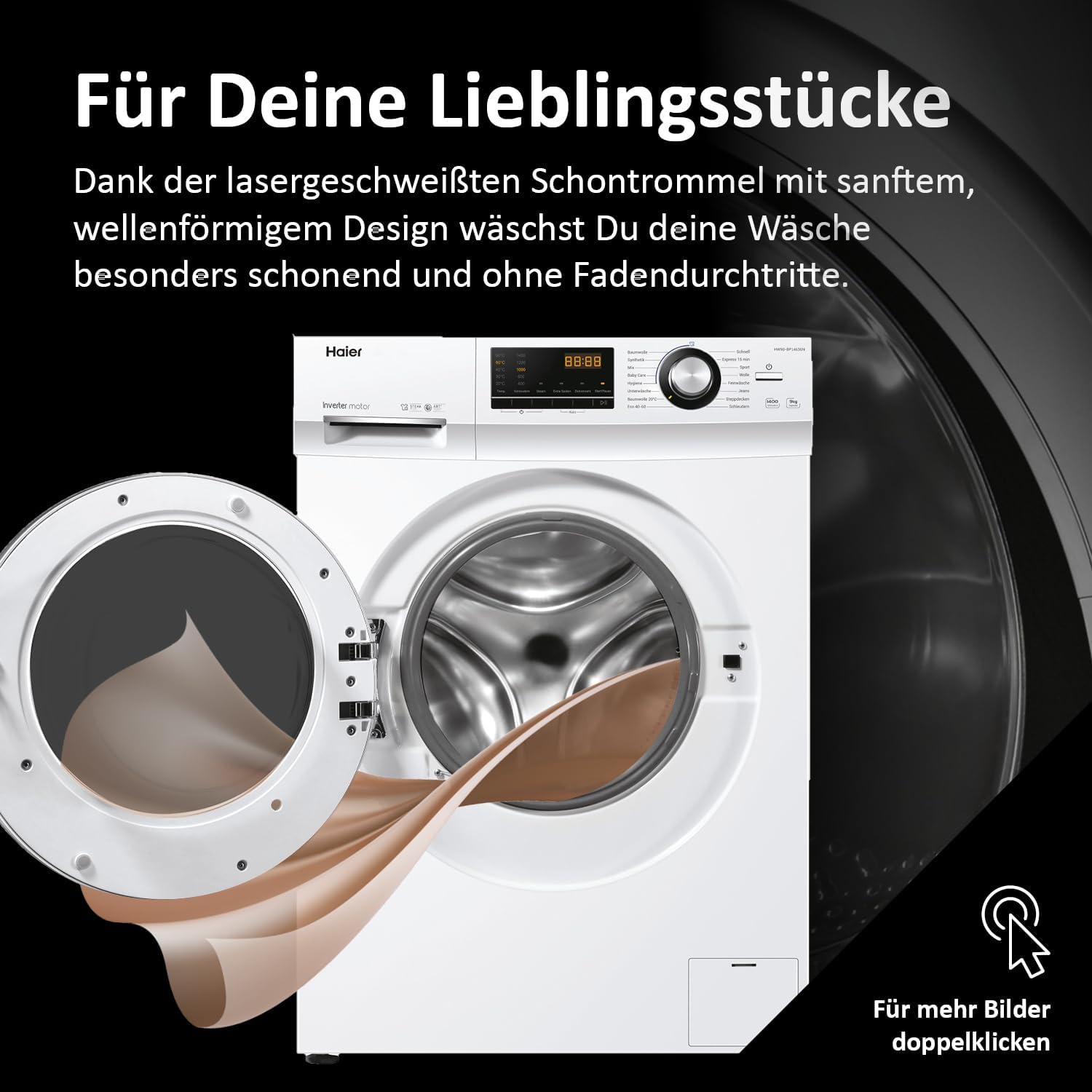 Haier SERIE 636 HW70-BP14636N I Frontlader Waschmaschine 7kg I Washing Machine mit A-Effizienz, 1.400 U/Min. & sparsamem Inverter-Motor I Inkl. Vollwasserschutz, Dampffunktion & Mengenautomatik [Energieklasse A]