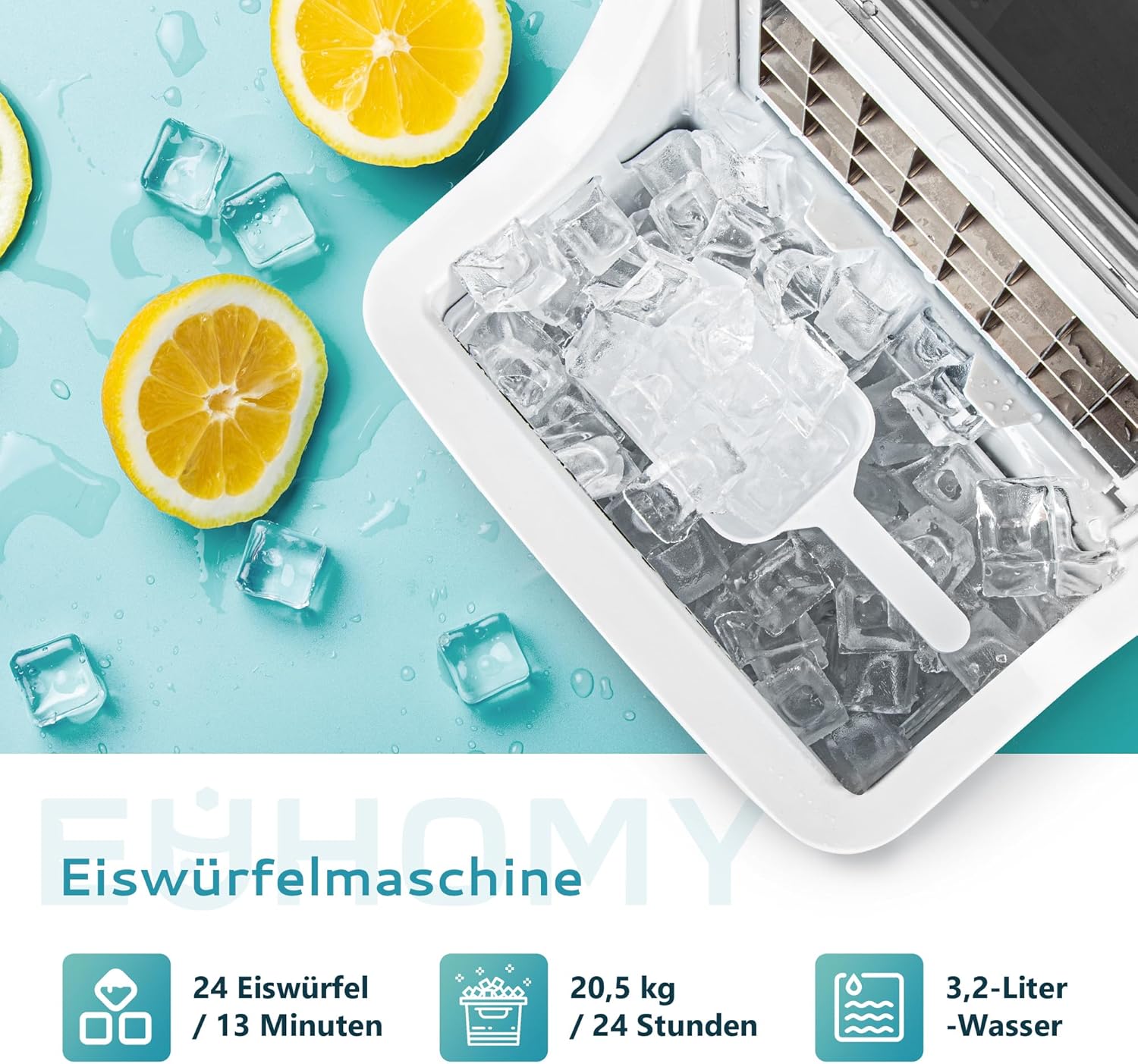EUHOMY Eiswürfelmaschine Edelstahl, 24 Eiswürfel in 13 Minuten, 24kg/24H Eiswürfelmaschine gastro, selbstreinigender 3,2L Eisbereiter mit Eisschaufel und Korb für Zuhause/Küche/Büro/Bar/RV