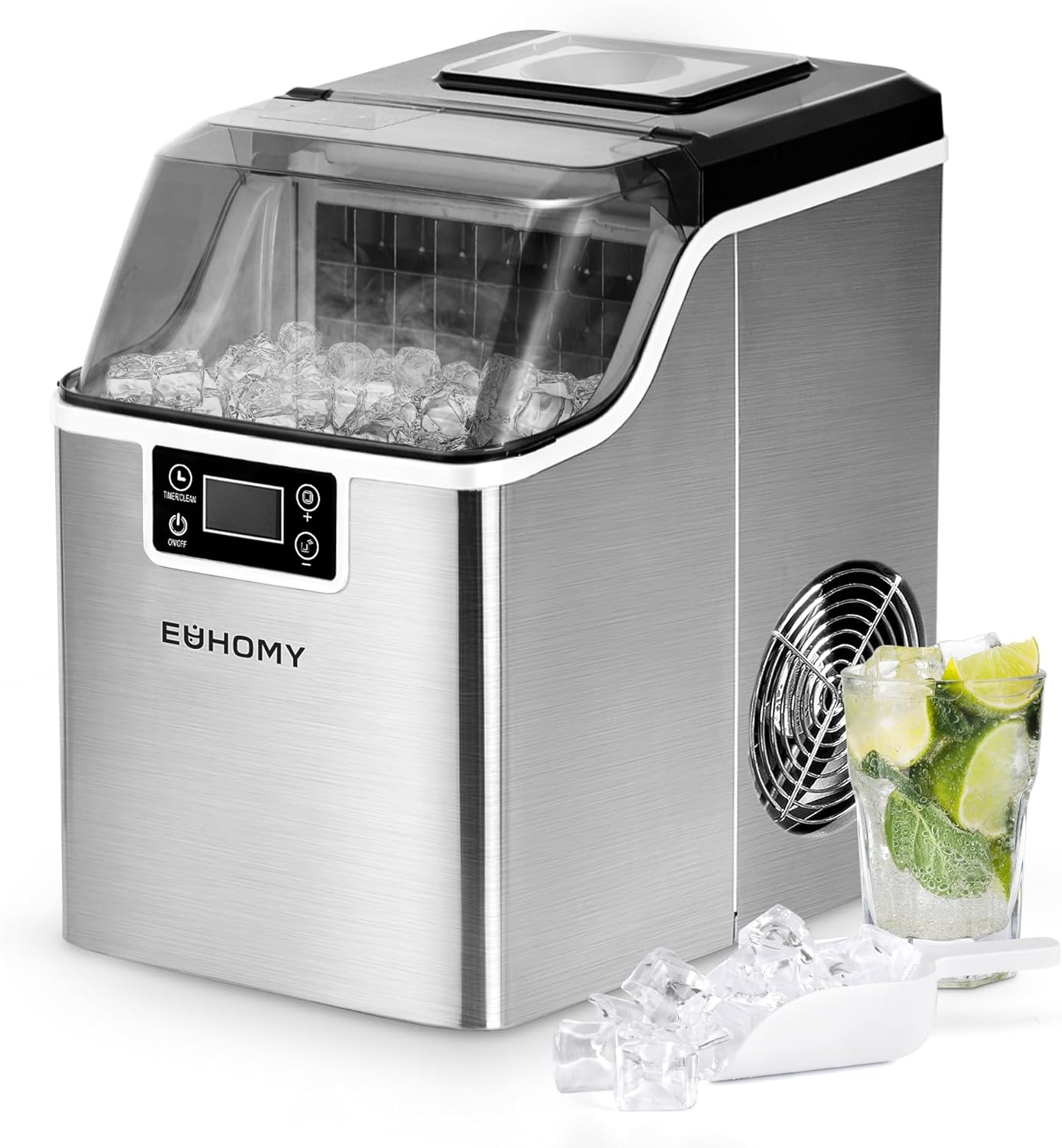 EUHOMY Eiswürfelmaschine Edelstahl, 24 Eiswürfel in 13 Minuten, 24kg/24H Eiswürfelmaschine gastro, selbstreinigender 3,2L Eisbereiter mit Eisschaufel und Korb für Zuhause/Küche/Büro/Bar/RV