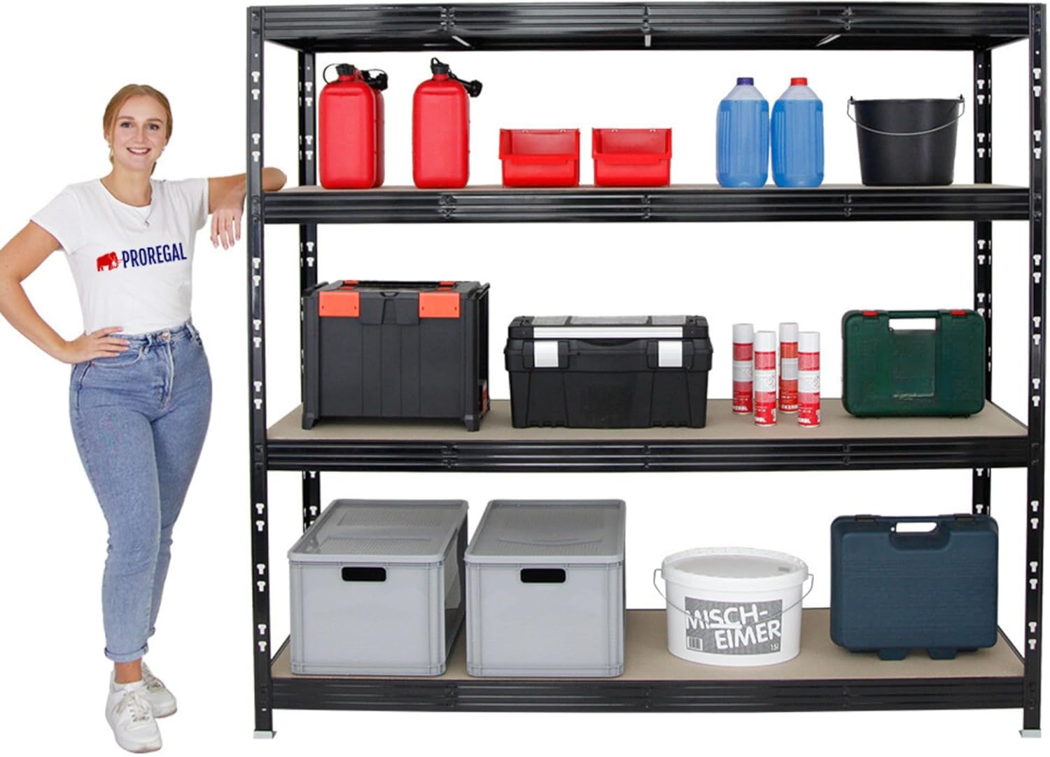 PROREGAL Profi Schwerlastregal Rhino EXTRA BREIT schwarz HxBxT 180x200x60cm Fachlast 500kg 4X Spanplatten-Ebenen 8mm Garagenregal, Lagerregal, Steckregal, Weitspannregal