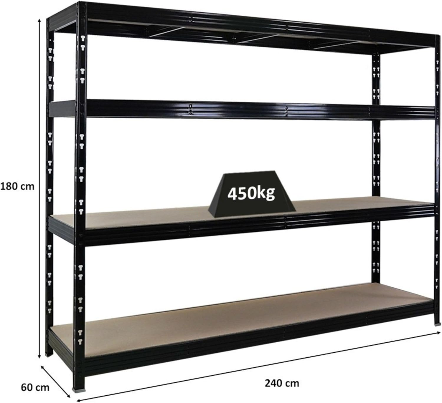 PROREGAL Profi Schwerlastregal Rhino EXTRA BREIT schwarz HxBxT 180x200x60cm Fachlast 500kg 4X Spanplatten-Ebenen 8mm Garagenregal, Lagerregal, Steckregal, Weitspannregal