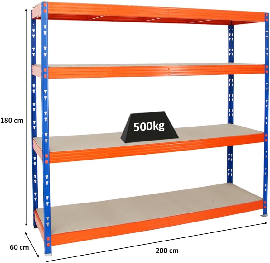 PROREGAL Profi Schwerlastregal Rhino EXTRA BREIT schwarz HxBxT 180x200x60cm Fachlast 500kg 4X Spanplatten-Ebenen 8mm Garagenregal, Lagerregal, Steckregal, Weitspannregal