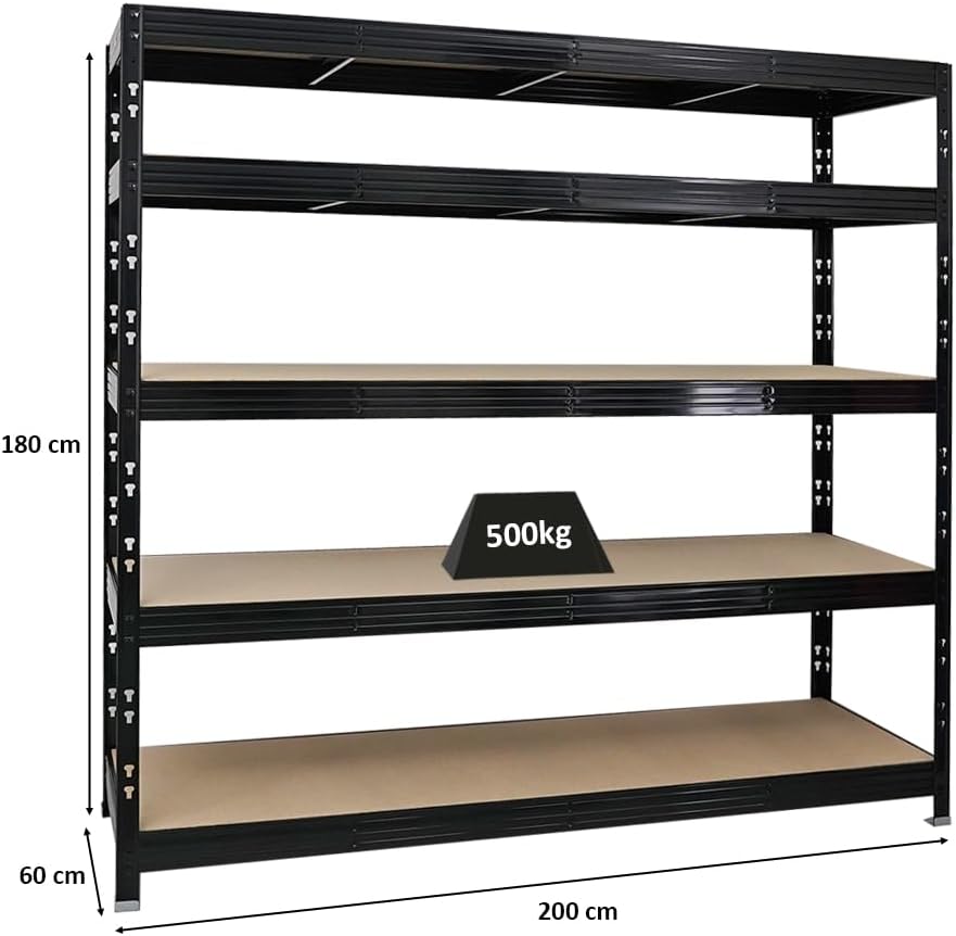 PROREGAL Profi Schwerlastregal Rhino EXTRA BREIT schwarz HxBxT 180x200x60cm Fachlast 500kg 4X Spanplatten-Ebenen 8mm Garagenregal, Lagerregal, Steckregal, Weitspannregal