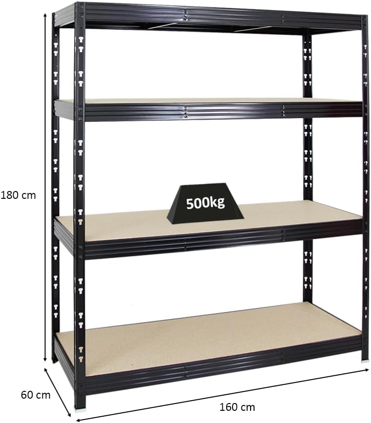 PROREGAL Profi Schwerlastregal Rhino EXTRA BREIT schwarz HxBxT 180x200x60cm Fachlast 500kg 4X Spanplatten-Ebenen 8mm Garagenregal, Lagerregal, Steckregal, Weitspannregal