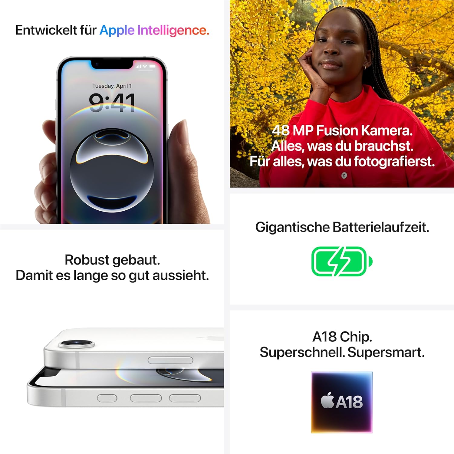 Apple iPhone 16e 128 GB: Entwickelt für Apple Intelligence, A18 Chip, Gigantische Batterielaufzeit, 48 MP Fusion Kamera, 6,1'' Super Retina XDR Display, Weiß