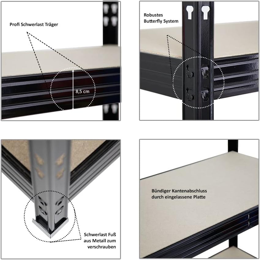 PROREGAL Profi Schwerlastregal Rhino EXTRA BREIT schwarz HxBxT 180x200x60cm Fachlast 500kg 4X Spanplatten-Ebenen 8mm Garagenregal, Lagerregal, Steckregal, Weitspannregal