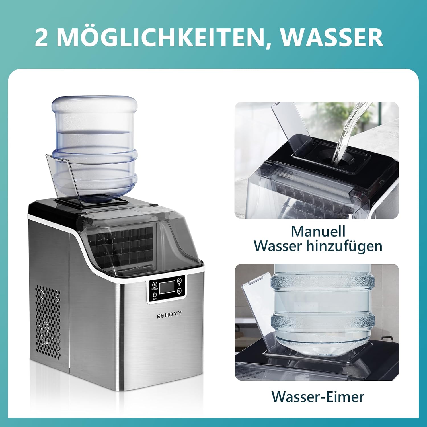 EUHOMY Eiswürfelmaschine Edelstahl, 24 Eiswürfel in 13 Minuten, 24kg/24H Eiswürfelmaschine gastro, selbstreinigender 3,2L Eisbereiter mit Eisschaufel und Korb für Zuhause/Küche/Büro/Bar/RV