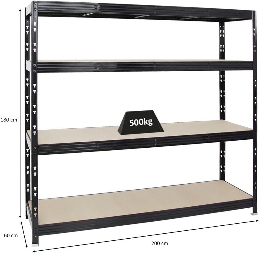 PROREGAL Profi Schwerlastregal Rhino EXTRA BREIT schwarz HxBxT 180x200x60cm Fachlast 500kg 4X Spanplatten-Ebenen 8mm Garagenregal, Lagerregal, Steckregal, Weitspannregal