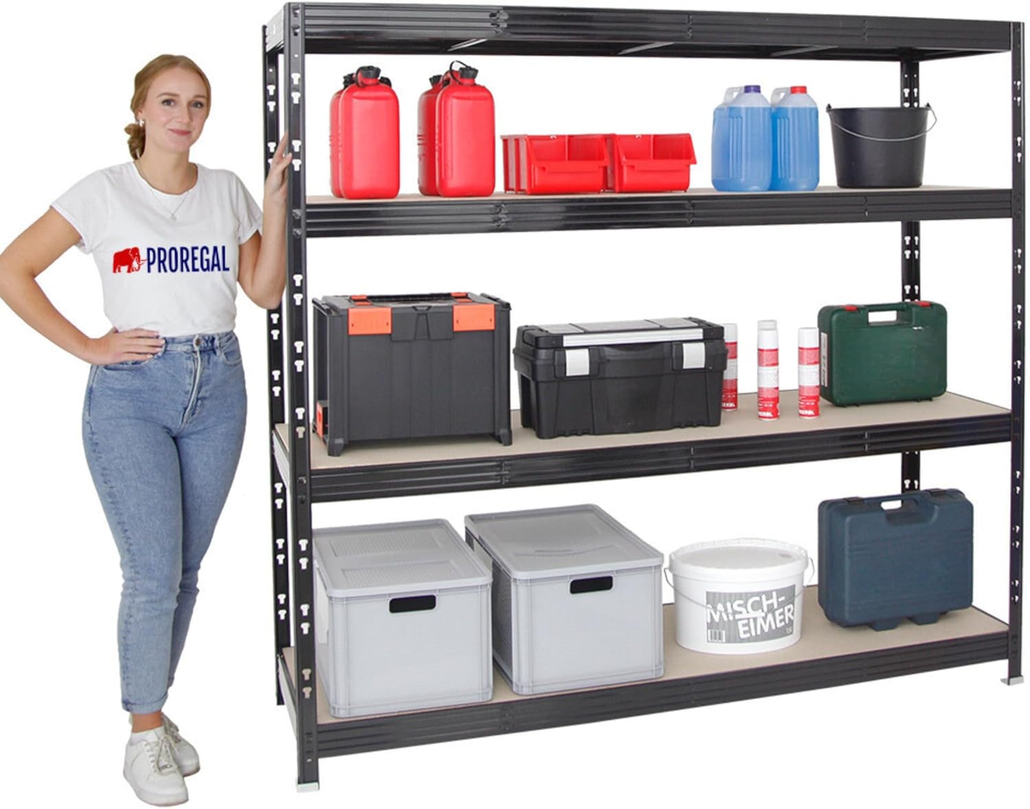 PROREGAL Profi Schwerlastregal Rhino EXTRA BREIT schwarz HxBxT 180x200x60cm Fachlast 500kg 4X Spanplatten-Ebenen 8mm Garagenregal, Lagerregal, Steckregal, Weitspannregal