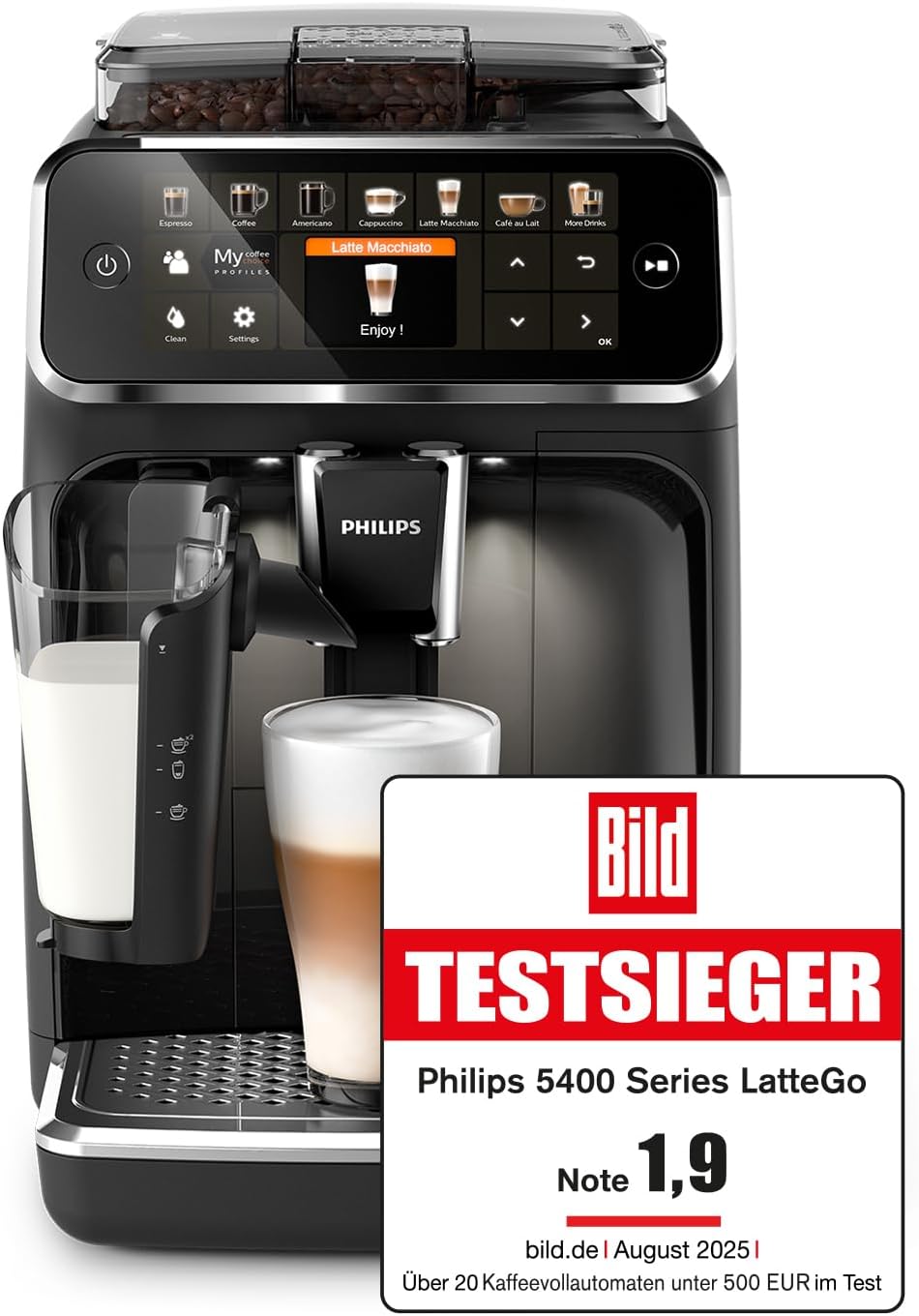 Philips Series 5400 Kaffeevollautomat – LatteGo Milchsystem, 12 Kaffeespezialitäten, Intuitives Display, 4 Benutzerprofile, Schwarz (EP5441/50)