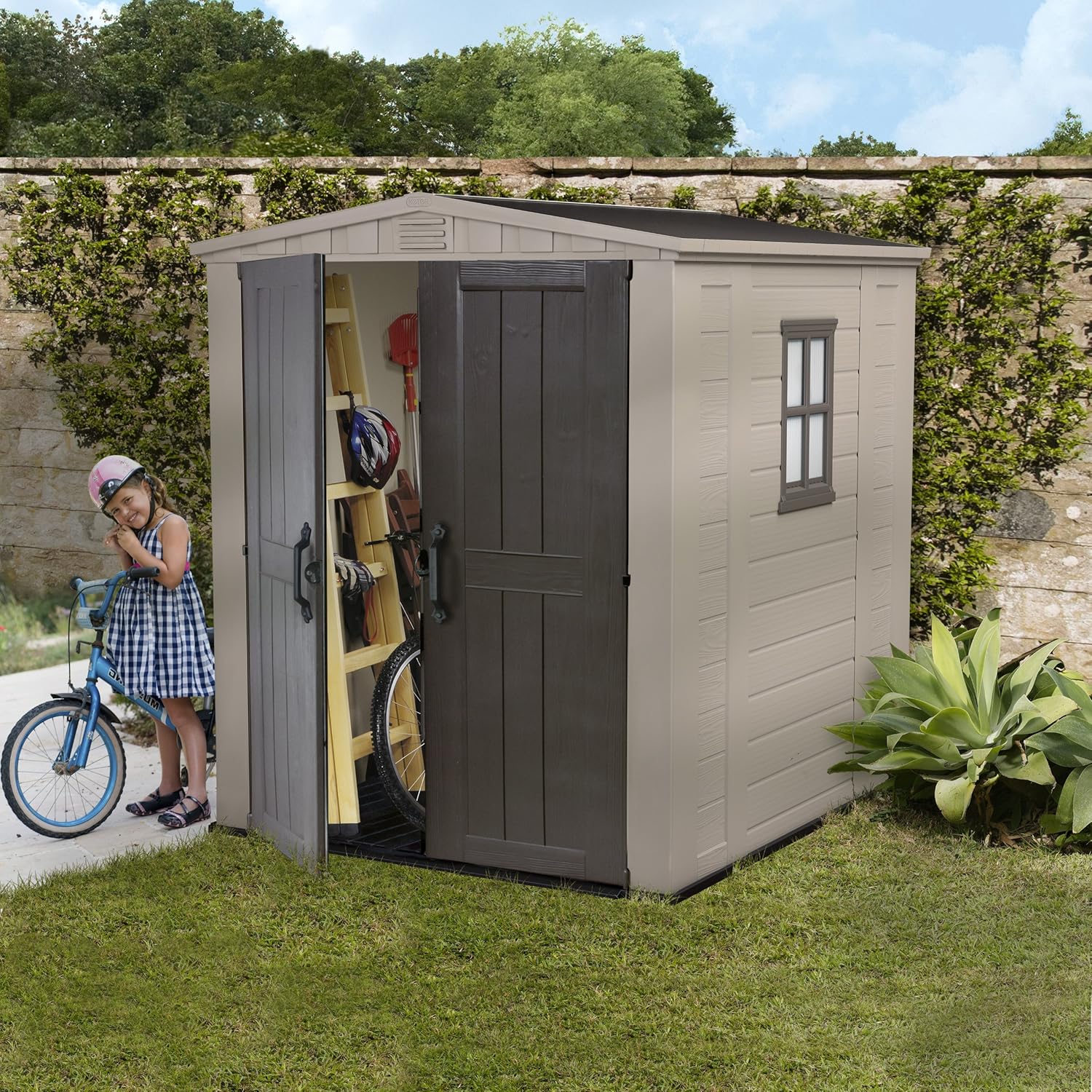 Keter Gerätehaus Factor 6x6, Beige, 6.2m³ Rauminhalt, Außenmaße (B/T/H):178 x 195.5 x 208 cm, wetterfest, wasserdicht, UV-beständig, Outdoor