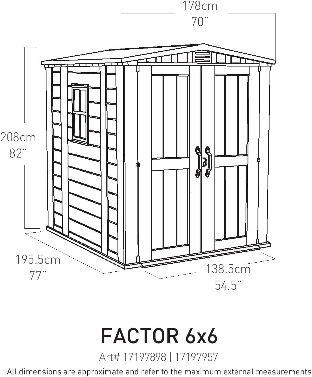 Keter Gerätehaus Factor 6x6, Beige, 6.2m³ Rauminhalt, Außenmaße (B/T/H):178 x 195.5 x 208 cm, wetterfest, wasserdicht, UV-beständig, Outdoor