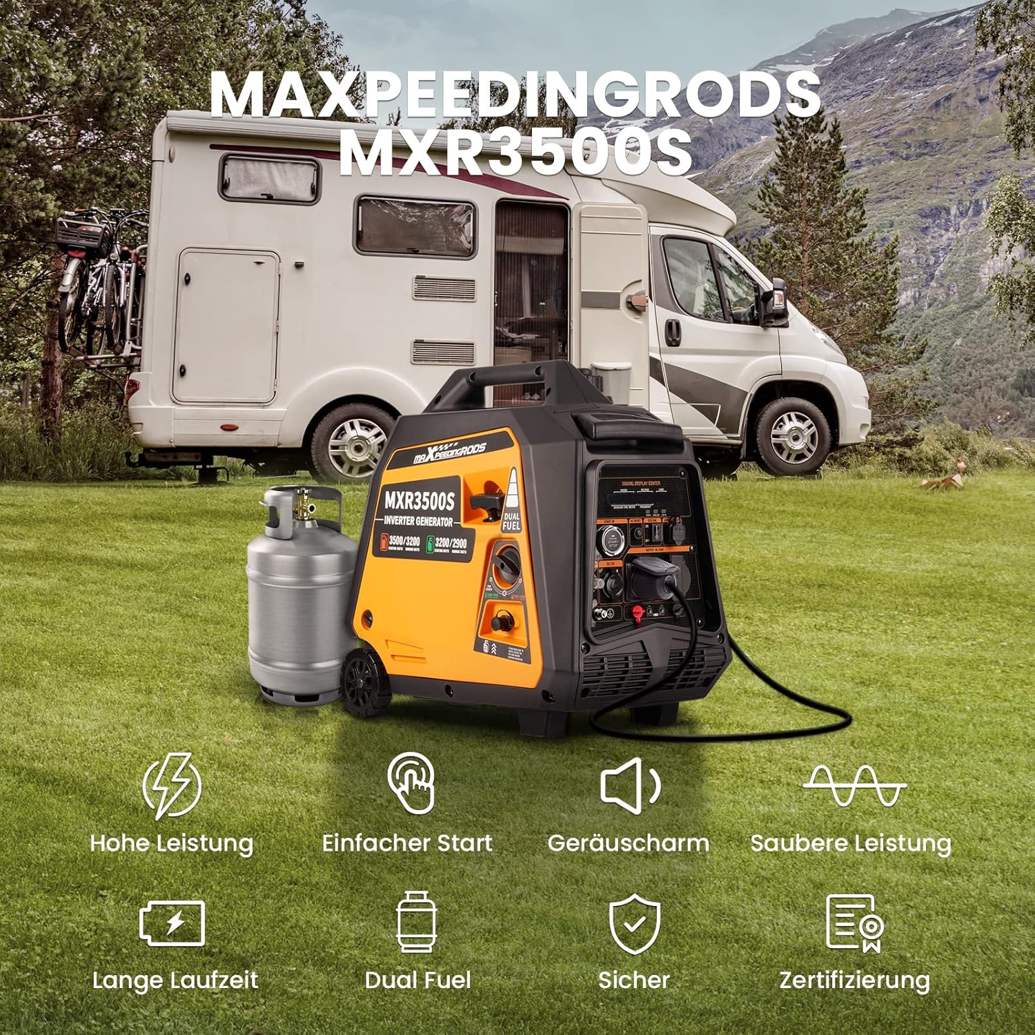 maXpeedingrods Stromgenerator Inverter 3500W Generator Gas Leise mit Elektrostarter Fernbedienung Stromerzeuger LPG Benzin Digitaler Leicht als Notstromaggregat für Camping Garage Reise Outdoor