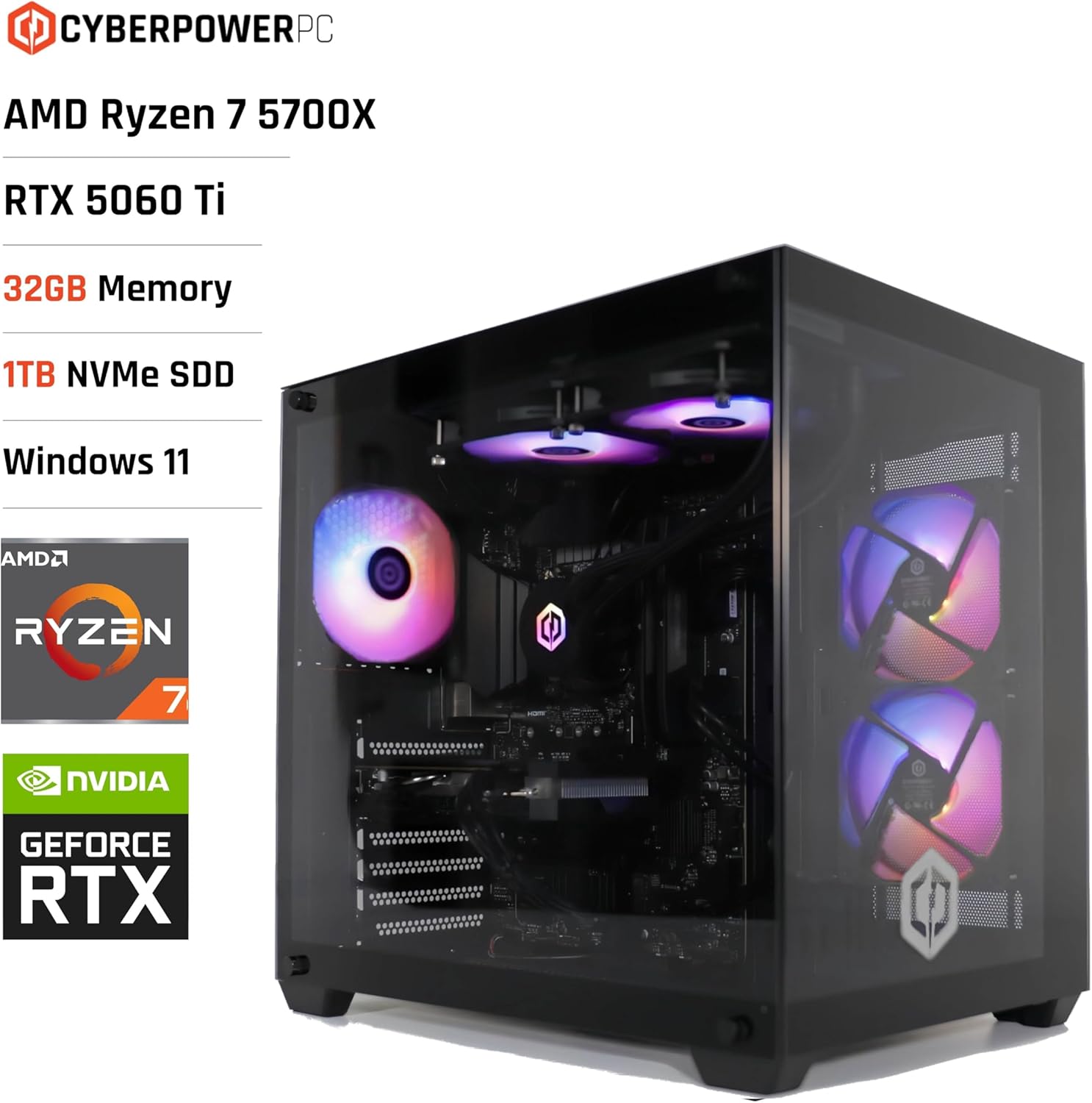 CYBERPOWERPC Luxe Gaming-PC - AMD Ryzen 7 5700X, Nvidia RTX 5060 Ti 8GB, 32GB RAM, 1TB NVMe SSD, 650W 80+ PSU, Wi-Fi, Wasserkühlung, Windows 11, Ark RGB