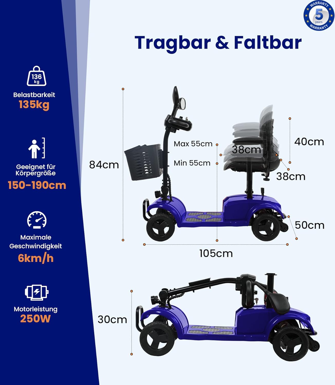VOCIC Elektromobil Klappbar für Senioren, 20KM Stabiler Mobilitätsroller 4 Räder 136KG, Schwarz