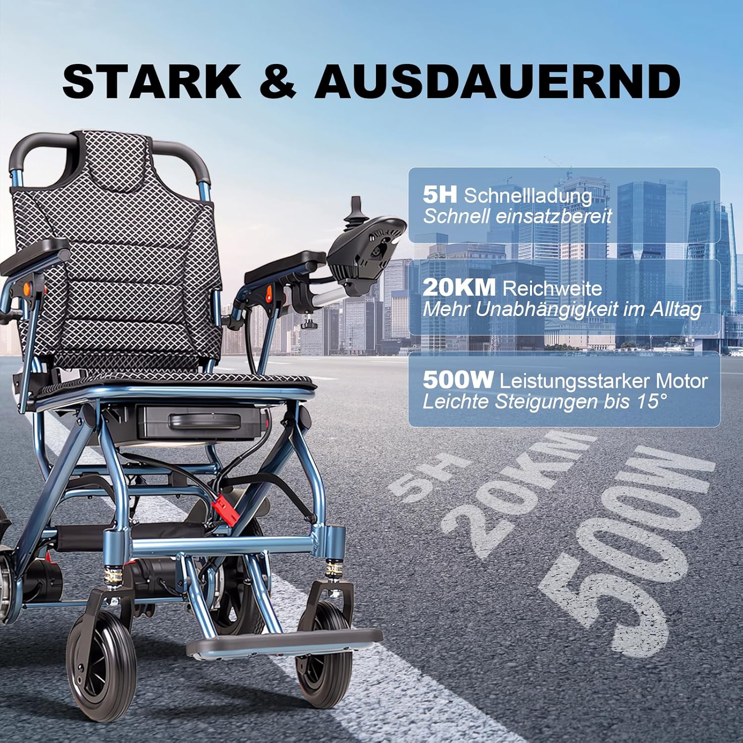 D04 Elektrischer Rollstuhl faltbar leicht, Transportrollstuhl für Senioren, reisetauglich & schmal, bis 150 kg, mit Joystick, 500W Motor, herausnehmbarer 10Ah Akku, bis zu 20 km Reichweite