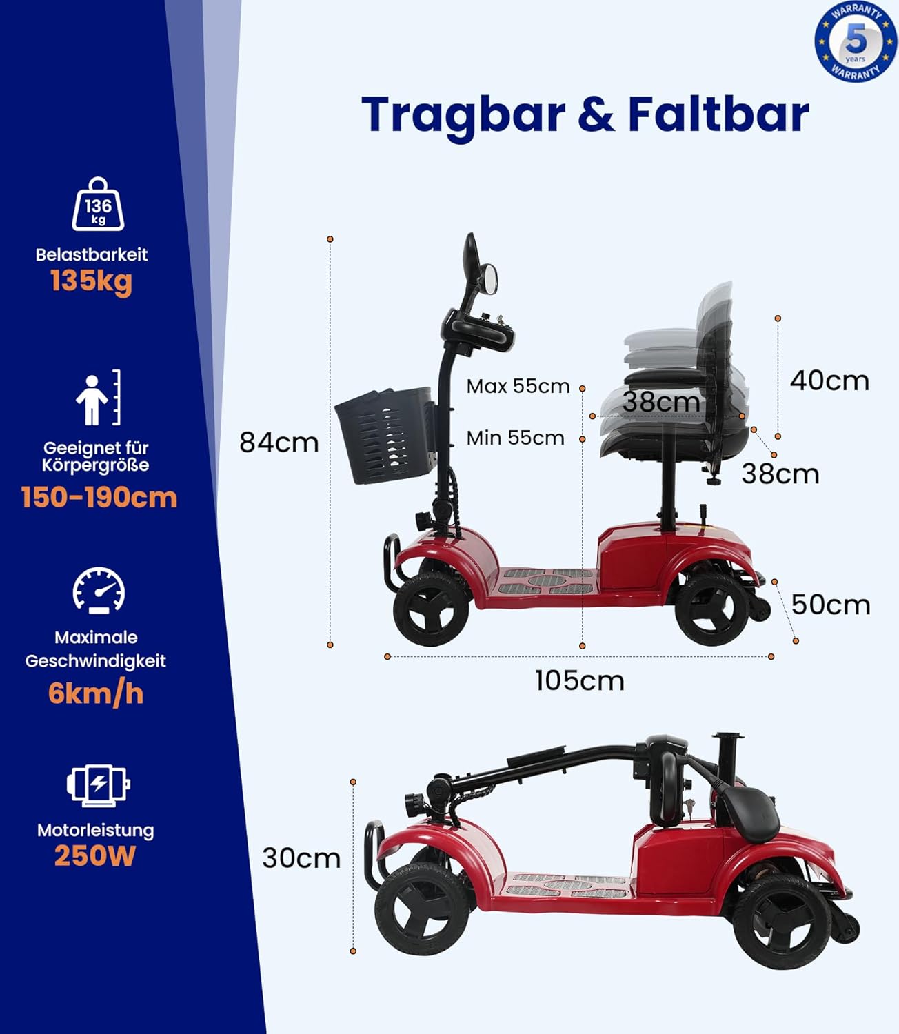 VOCIC Elektromobil Klappbar für Senioren, 20KM Stabiler Mobilitätsroller 4 Räder 136KG, Schwarz
