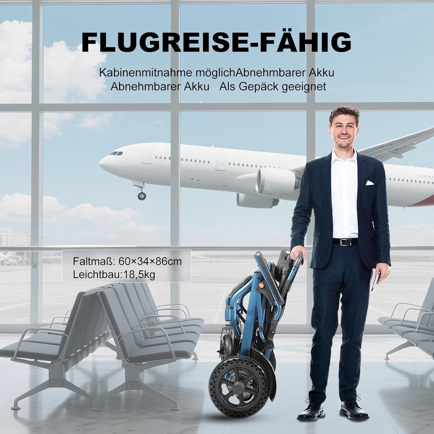 D04 Elektrischer Rollstuhl faltbar leicht, Transportrollstuhl für Senioren, reisetauglich & schmal, bis 150 kg, mit Joystick, 500W Motor, herausnehmbarer 10Ah Akku, bis zu 20 km Reichweite