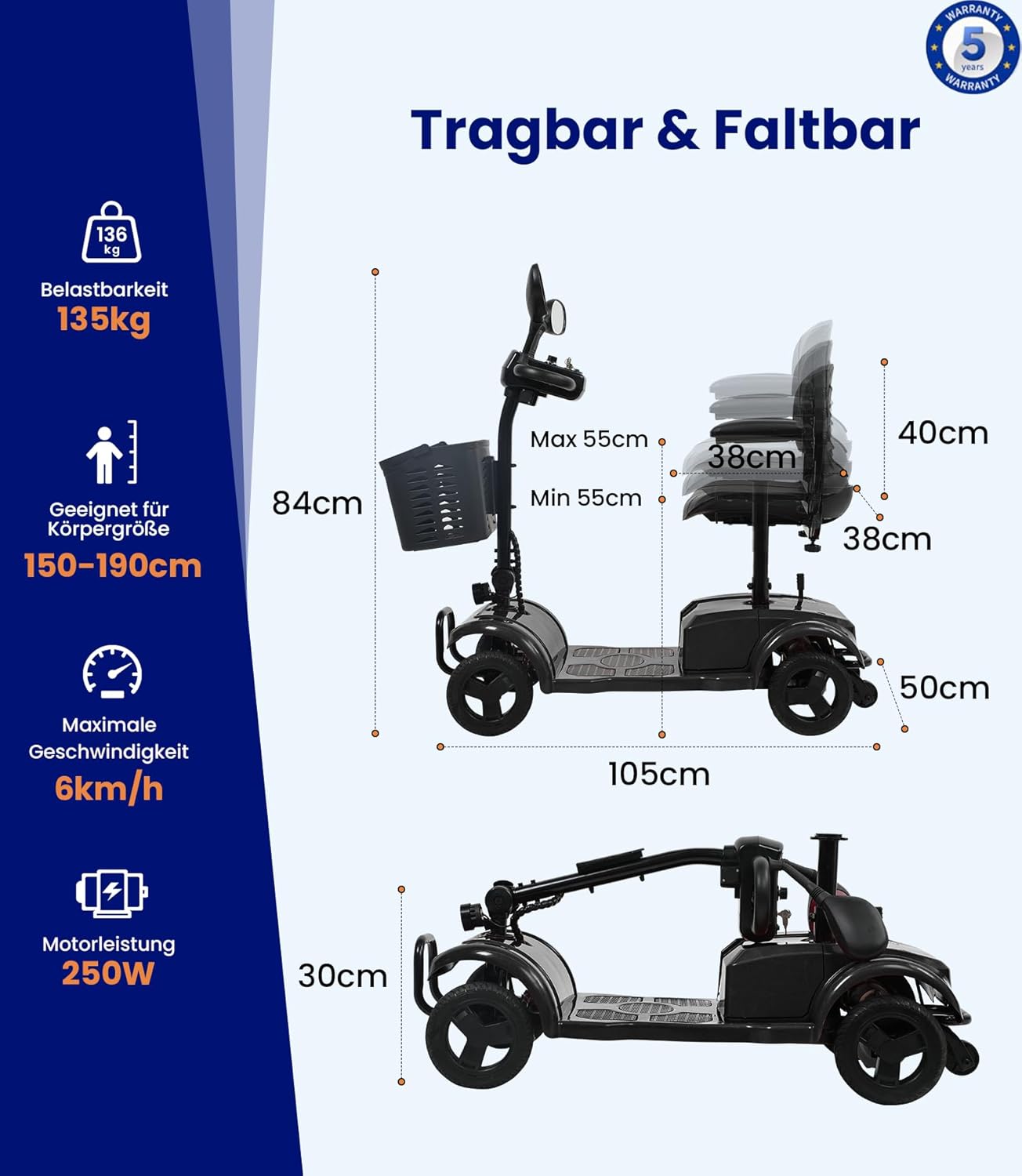VOCIC Elektromobil Klappbar für Senioren, 20KM Stabiler Mobilitätsroller 4 Räder 136KG, Schwarz