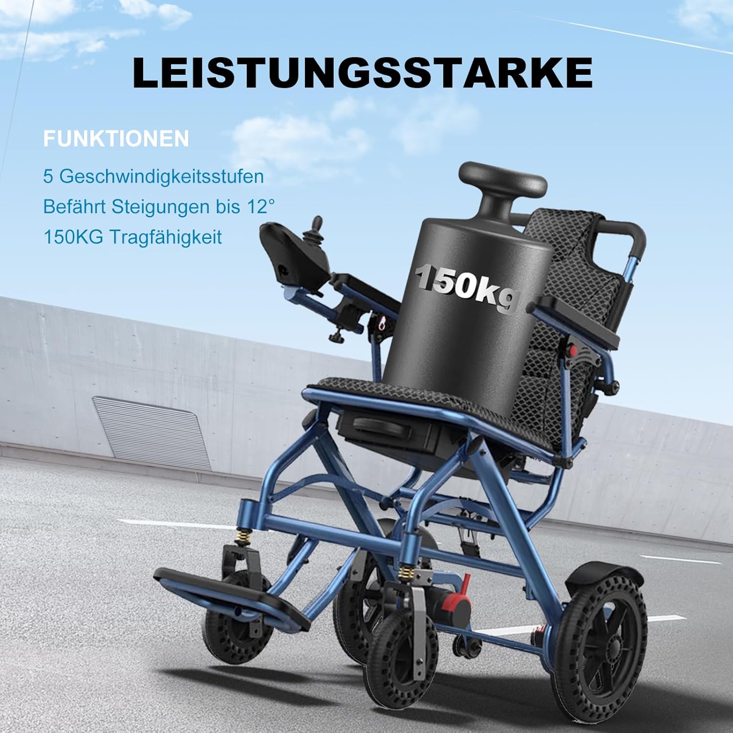 D04 Elektrischer Rollstuhl faltbar leicht, Transportrollstuhl für Senioren, reisetauglich & schmal, bis 150 kg, mit Joystick, 500W Motor, herausnehmbarer 10Ah Akku, bis zu 20 km Reichweite