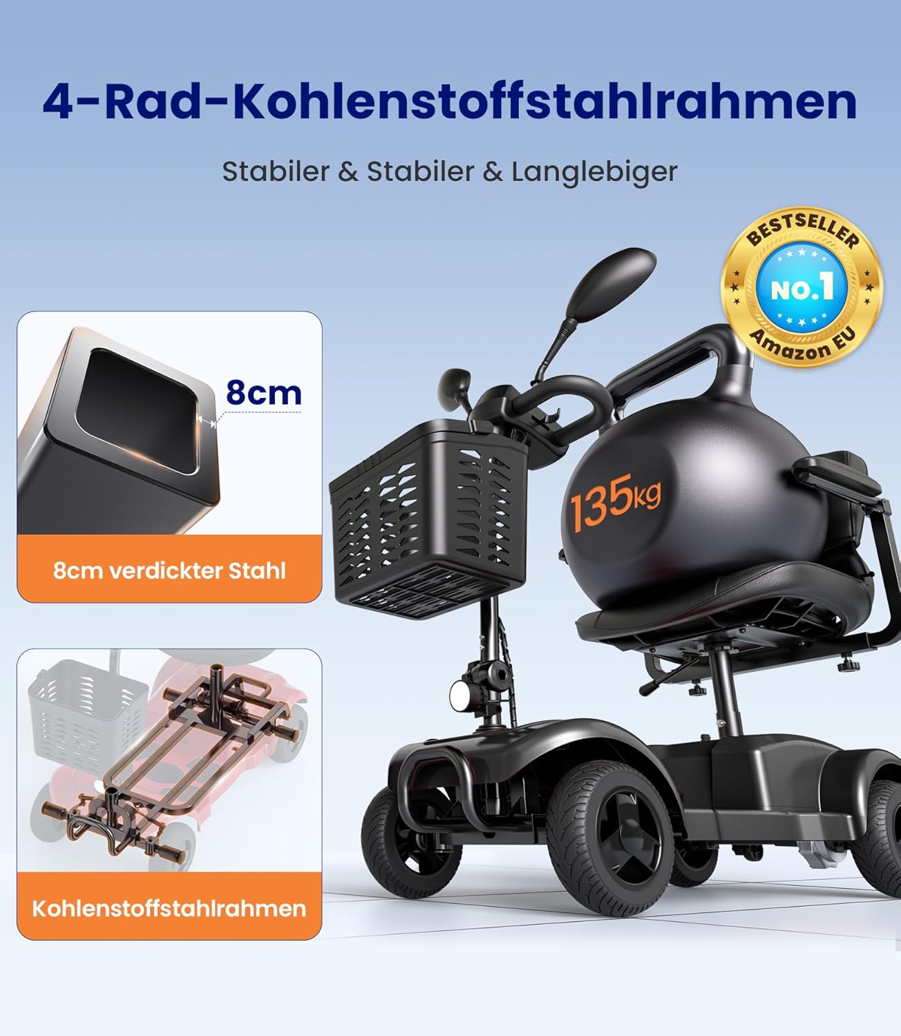VOCIC Elektromobil Klappbar für Senioren, 20KM Stabiler Mobilitätsroller 4 Räder 136KG, Schwarz