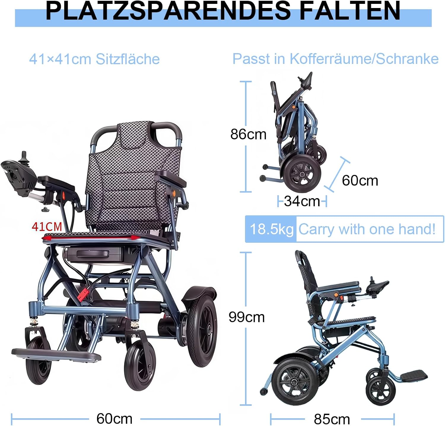 D04 Elektrischer Rollstuhl faltbar leicht, Transportrollstuhl für Senioren, reisetauglich & schmal, bis 150 kg, mit Joystick, 500W Motor, herausnehmbarer 10Ah Akku, bis zu 20 km Reichweite