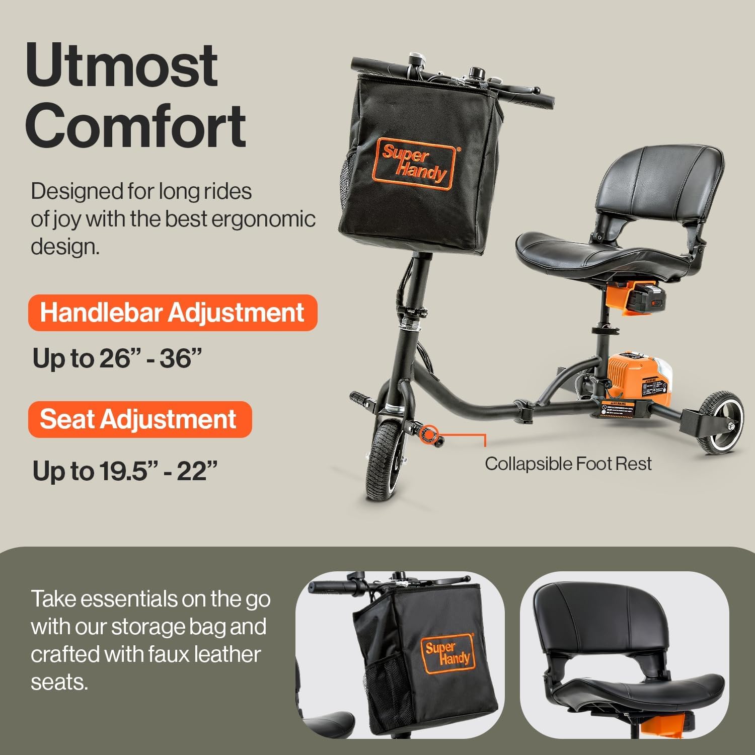 SuperHandy 3 Räder faltbar E-Mobilität, ultraleicht, kompakt, faltbar, große Reichweite, mit abnehmbaren 48 V Batterie bei einer maximalen Belastung von 125 kg, Tasche enthalten