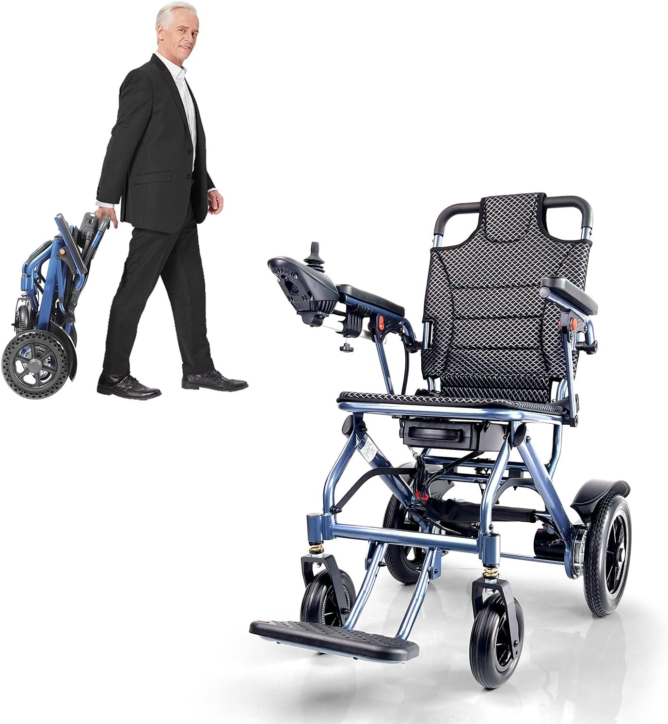 D04 Elektrischer Rollstuhl faltbar leicht, Transportrollstuhl für Senioren, reisetauglich & schmal, bis 150 kg, mit Joystick, 500W Motor, herausnehmbarer 10Ah Akku, bis zu 20 km Reichweite