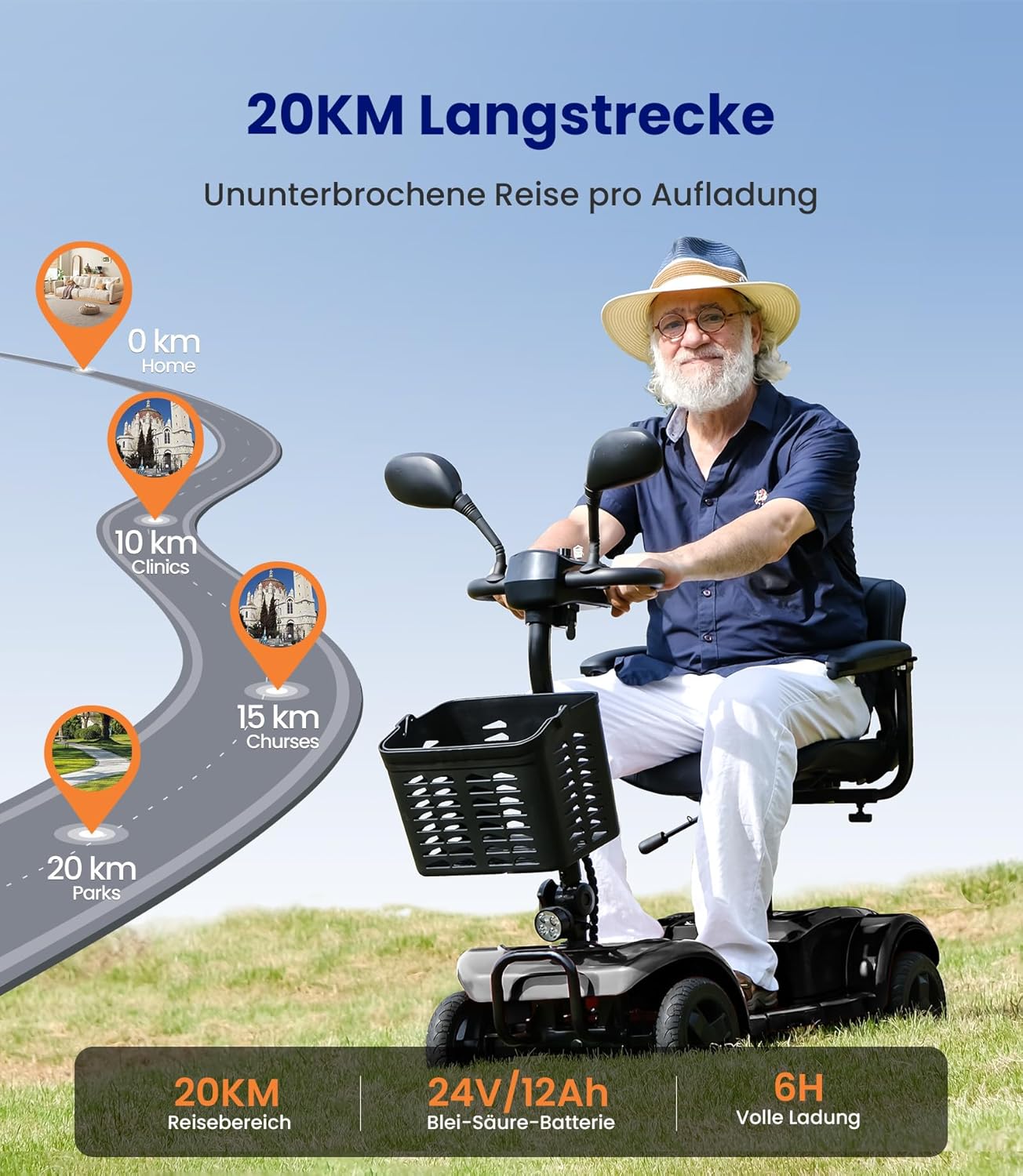 VOCIC Elektromobil Klappbar für Senioren, 20KM Stabiler Mobilitätsroller 4 Räder 136KG, Schwarz