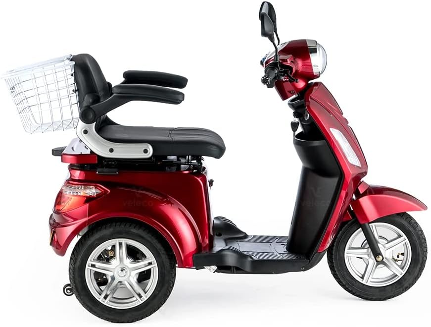 VELECO ZT15 - Dreirad Mobilitätsroller – komplett montiert und fahrbereit – elektromagnetische Bremse – Digitaler Tachometer - geräumiger Stauraum - 3 Rad Seniorenmobil (ROT)