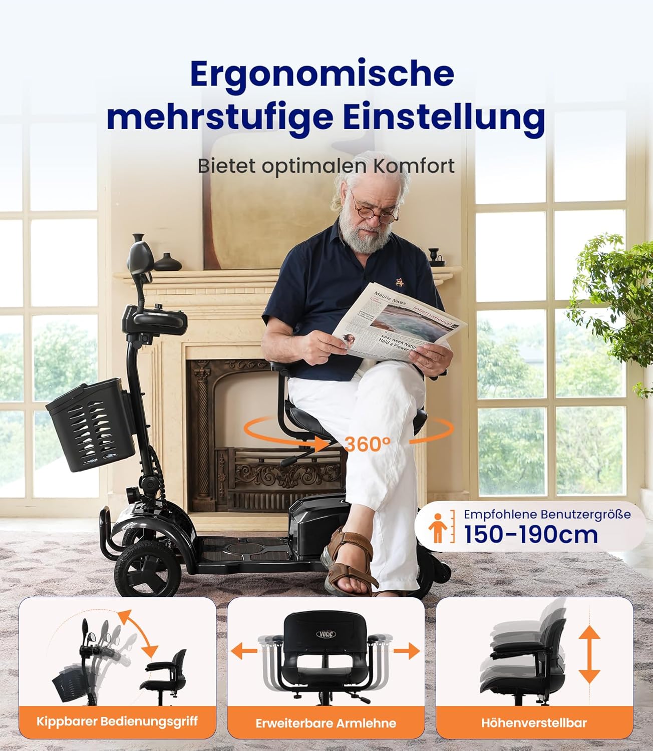 VOCIC Elektromobil Klappbar für Senioren, 20KM Stabiler Mobilitätsroller 4 Räder 136KG, Schwarz