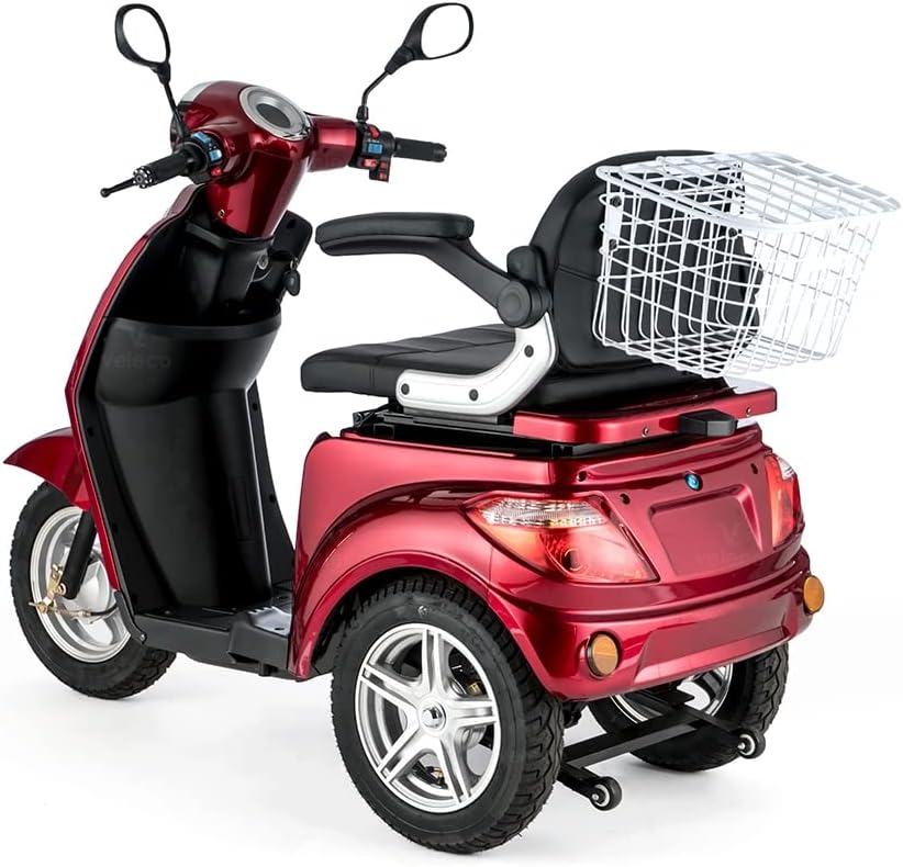 VELECO ZT15 - Dreirad Mobilitätsroller – komplett montiert und fahrbereit – elektromagnetische Bremse – Digitaler Tachometer - geräumiger Stauraum - 3 Rad Seniorenmobil (ROT)
