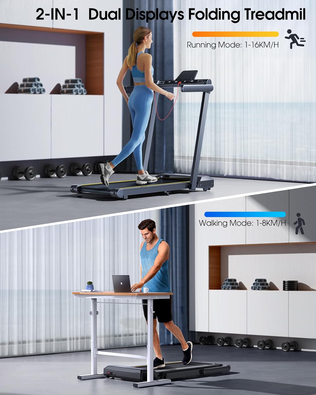Klappbar Laufband für Zuhause, 2 in 1 Walking Pad mit Großer Lauffläche, 14 km/h Home Treadmill, Dual LED Anzeige, 12 Laufprogramme, Herzfrequenzmessung, APP und Fernbedienung, Keine Installation