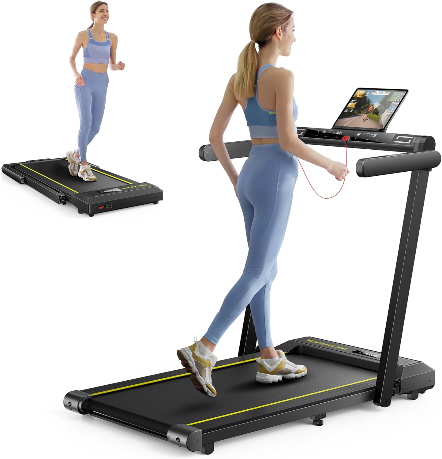 Klappbar Laufband für Zuhause, 2 in 1 Walking Pad mit Großer Lauffläche, 14 km/h Home Treadmill, Dual LED Anzeige, 12 Laufprogramme, Herzfrequenzmessung, APP und Fernbedienung, Keine Installation