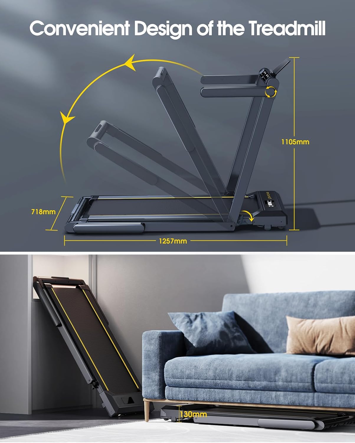 Klappbar Laufband für Zuhause, 2 in 1 Walking Pad mit Großer Lauffläche, 14 km/h Home Treadmill, Dual LED Anzeige, 12 Laufprogramme, Herzfrequenzmessung, APP und Fernbedienung, Keine Installation