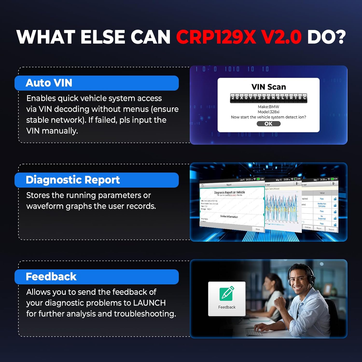 LAUNCH CRP129X V2.0 obd2 Diagnosegerät mit 4-Systemdiagnosen (Motor SRS at/MT und ABS) zurücksetzen für öl SAS EPB TPMS BMS DPF ABS AFS ETS ADBLUE AIRFUEL Bremse, 12 Reset-Funktionen, AutoVIN
