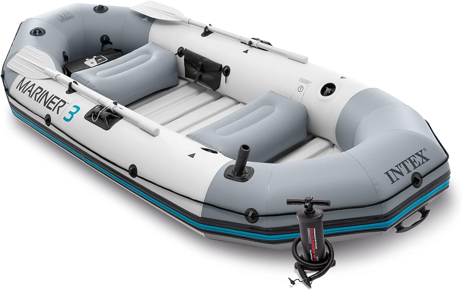 INTEX 68376EP Mariner 4 Inflatable Boat Set: Includes Deluxe 54in Aluminum Oars and High-Output Pump – SuperTough PVC – Inflatable Thwart Seats – 4-Person – 1100lb Weight Capacity
