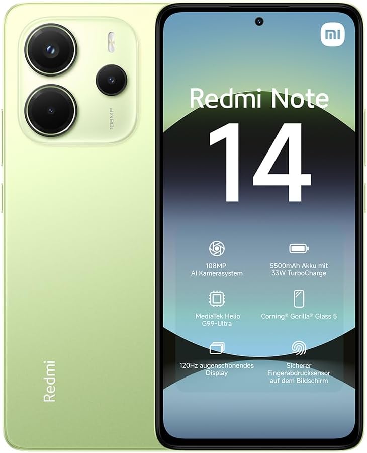 【DE】Xiaomi Redmi Note 14 Smartphone, 8 + 256GB, Blue, 108MP AI-Kamerasystem, 5500mAh Akku, 120Hz Augenschutzdisplay, AI-Funktionen