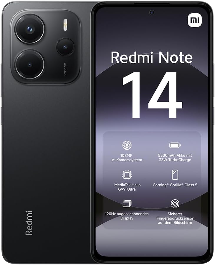 【DE】Xiaomi Redmi Note 14 Smartphone, 8 + 256GB, Blue, 108MP AI-Kamerasystem, 5500mAh Akku, 120Hz Augenschutzdisplay, AI-Funktionen