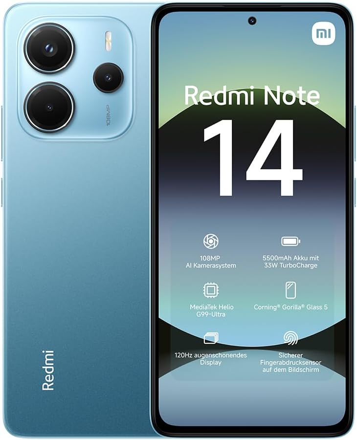 【DE】Xiaomi Redmi Note 14 Smartphone, 8 + 256GB, Blue, 108MP AI-Kamerasystem, 5500mAh Akku, 120Hz Augenschutzdisplay, AI-Funktionen