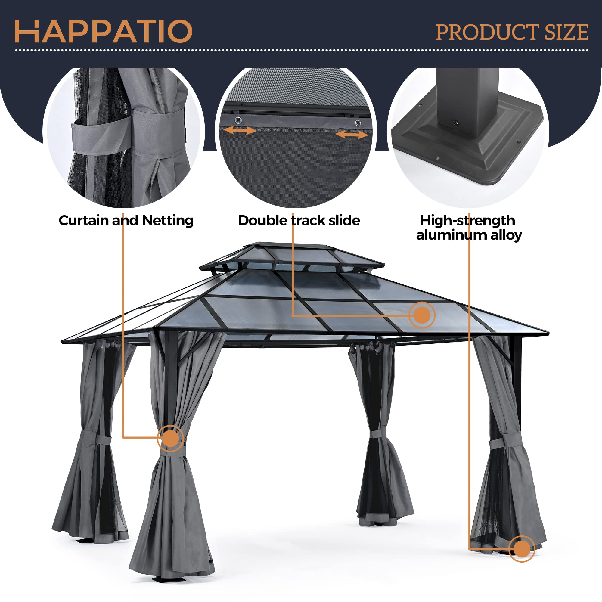 10'x12' Outdoor Polycarbonate Double Hardtop Roof Gazebo, Aluminum Furniture Gazebo Canopy