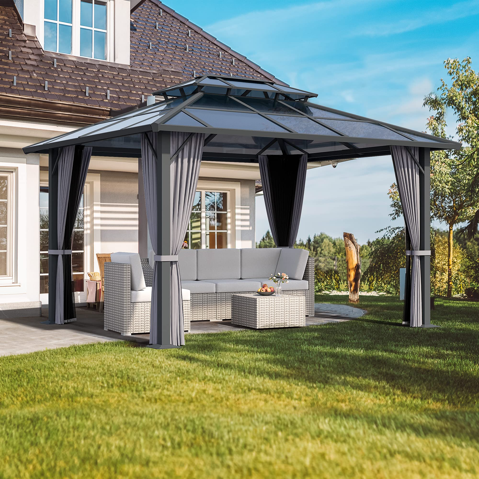10'x12' Outdoor Polycarbonate Double Hardtop Roof Gazebo, Aluminum Furniture Gazebo Canopy