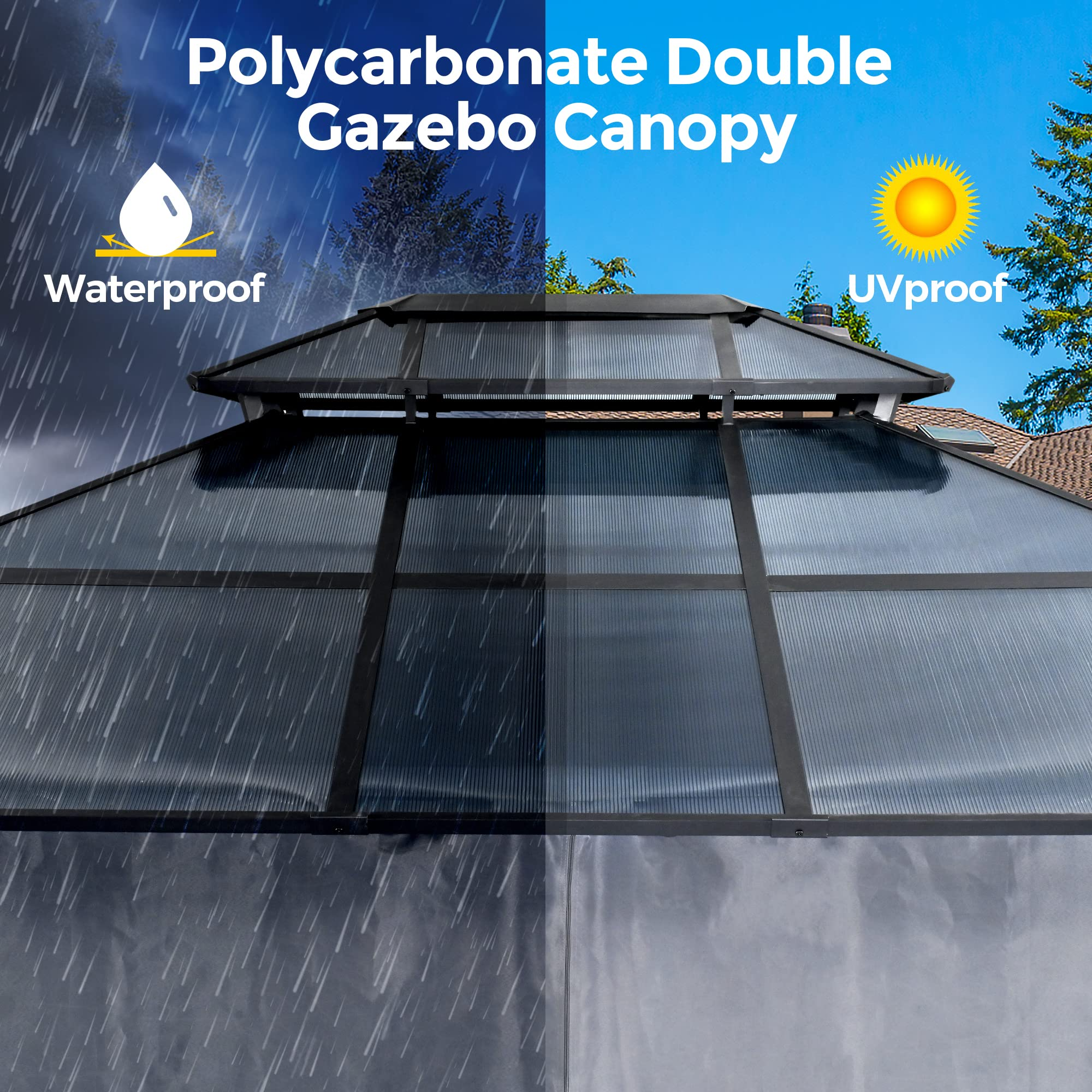10'x12' Outdoor Polycarbonate Double Hardtop Roof Gazebo, Aluminum Furniture Gazebo Canopy